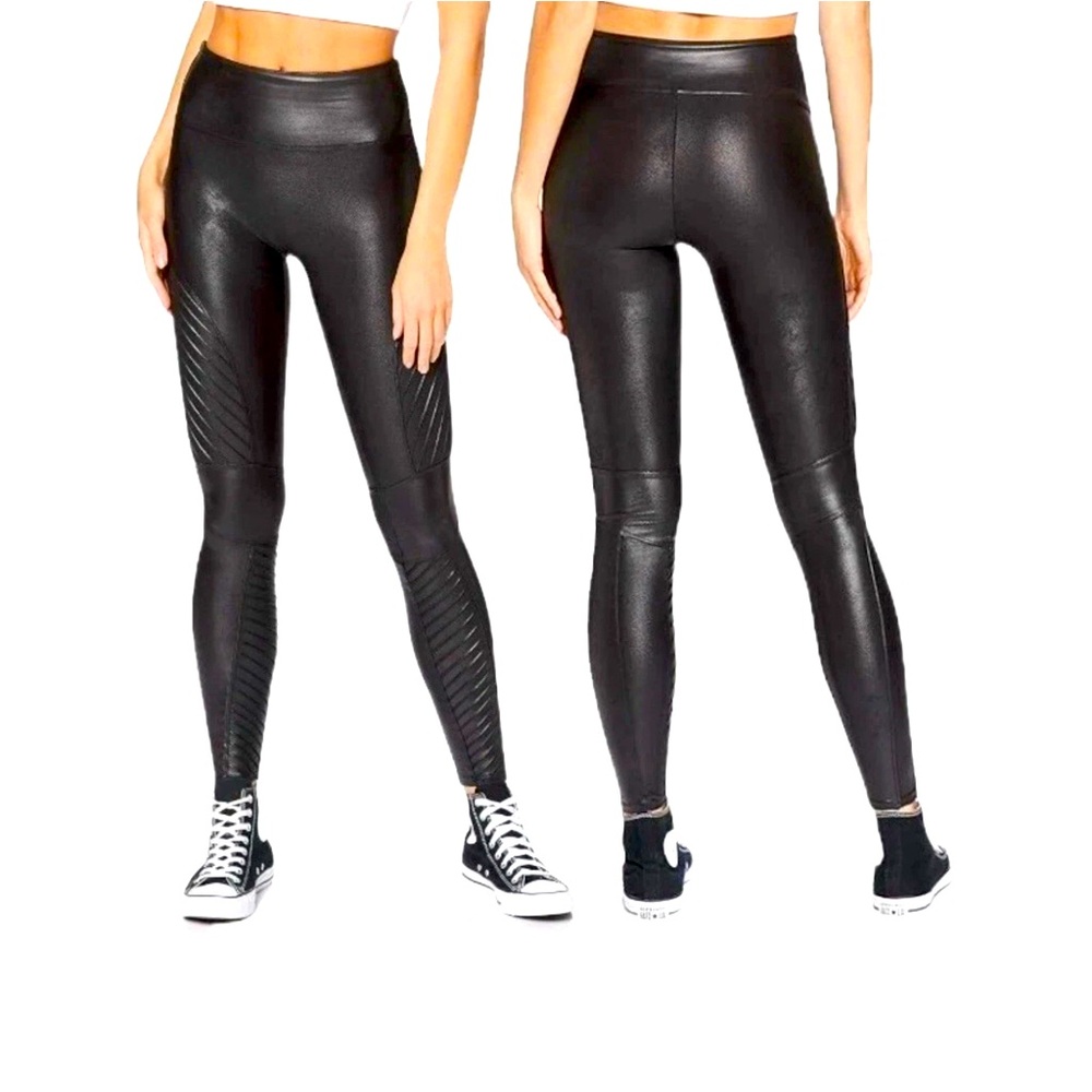 Spanx Faux Leather/Coated Moto Leggings Womens Size L Black Stretch Slimming